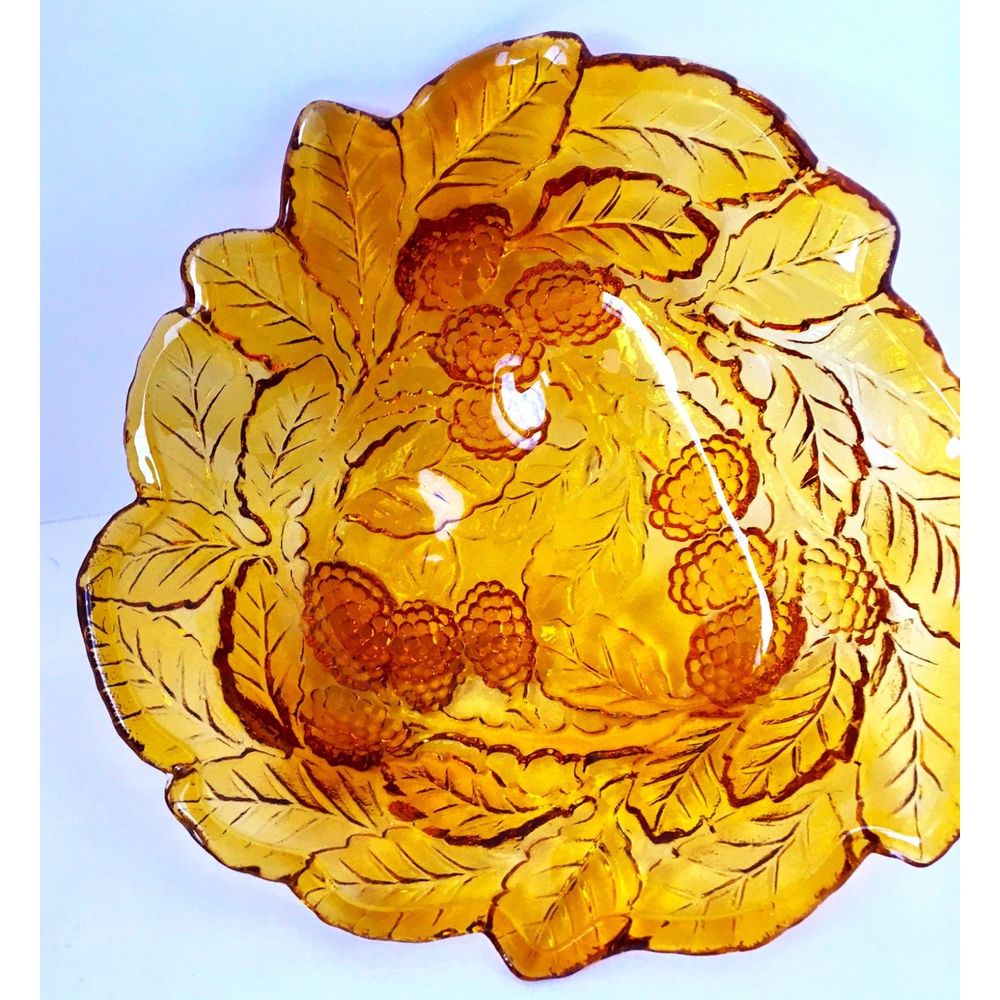 Amber MCM Indiana Glass Leaf Shape Leaves and Berries Candy Dish